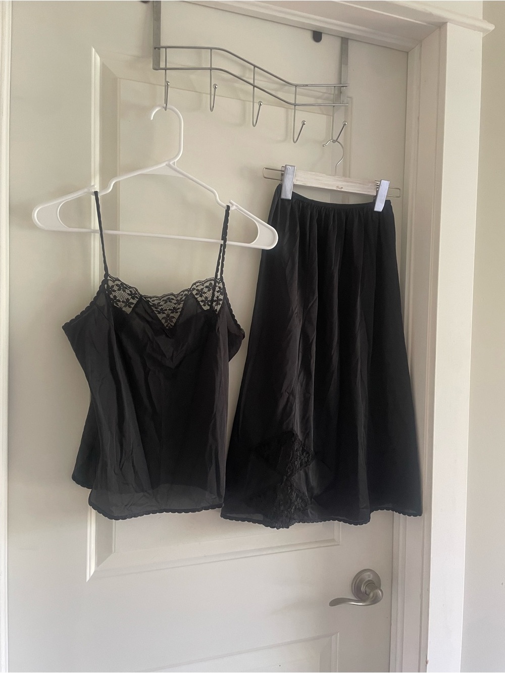 Papillon Blanc Black Lace-Trim Slip Camisole and Skirt Set